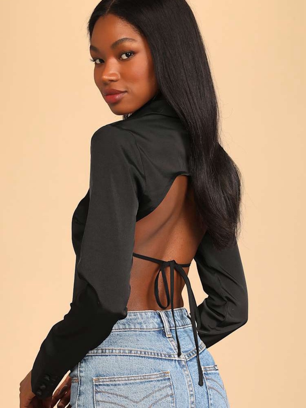 Lulu's Black Satin Cropped Button-Down Shirt